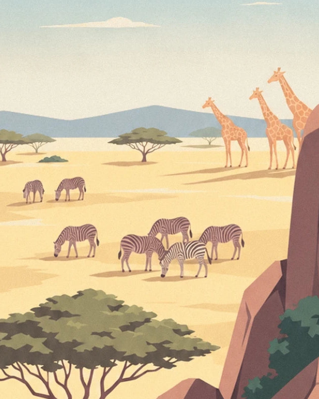 Zebras und Giraffen in der goldenen Savanne, zwischen Akazien und bläulich schimmernden Hügeln
