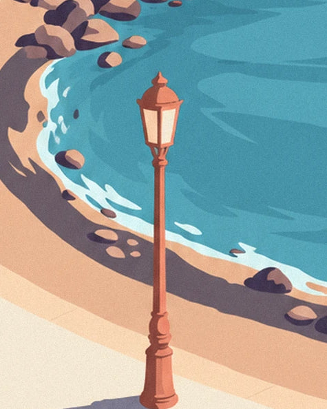 The rusty iron lamp post by the water, on the promenade