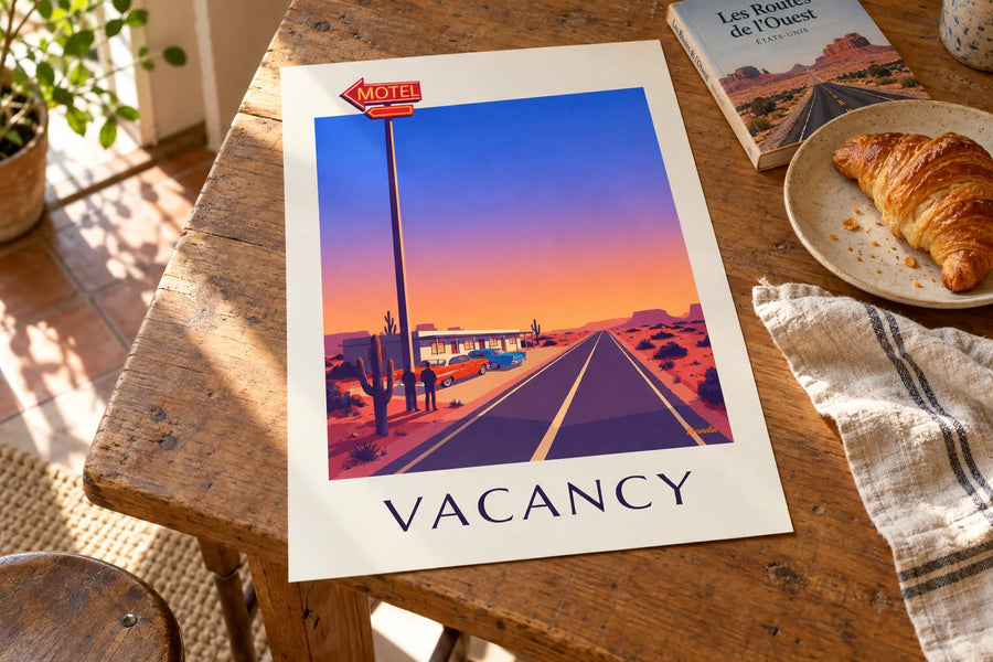 Poster Neonschild eines Motels an einer Wüstenstraße: auf einem Tisch