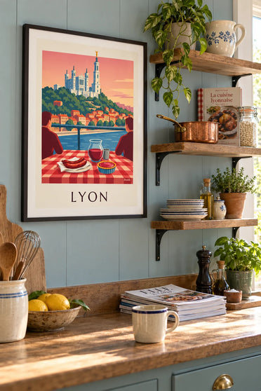 Poster Lyoner Bouchon mit Blick auf die Saône und Fourvière: gerahmt an der Wand