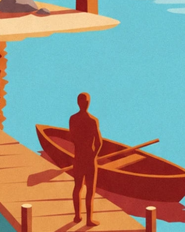 Un personnage sur le ponton, près d’une barque et de ses rames sur le lac turquoise