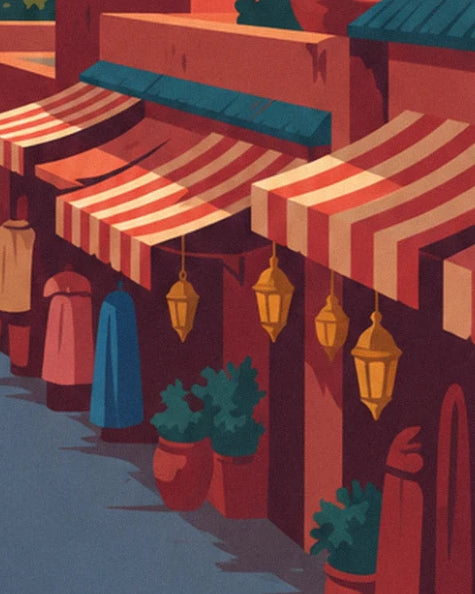Les auvents rayés rouge et blanc du souk, 4 lanternes dorées et des pots de plantes vertes