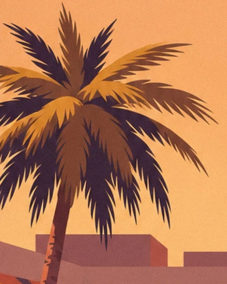 The palm tree with long ochre and brown fronds in front of the rooftops of Marrakech