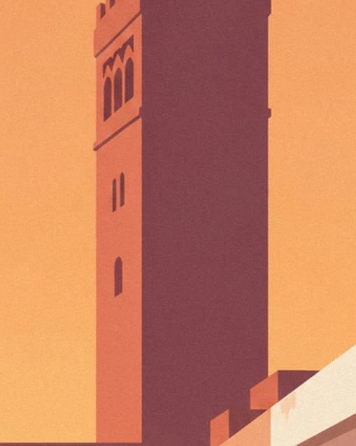 The tall ochre tower with arched windows against the orange sky of Marrakech