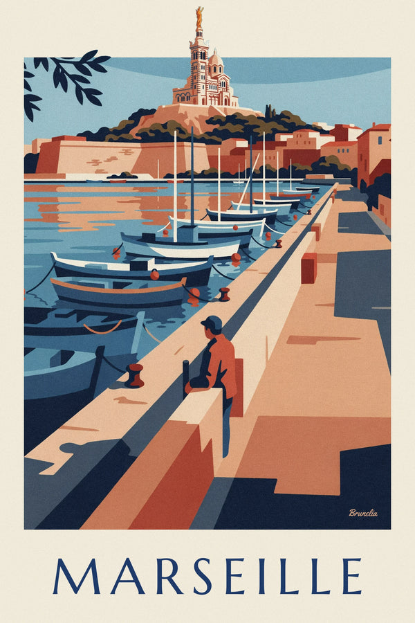 Poster Notre-Dame de la Garde und Boote am Kai des Vieux-Port von Marseille