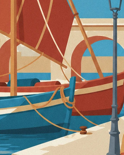 The blue and red boats, their ropes and the red sails in front of the bridge