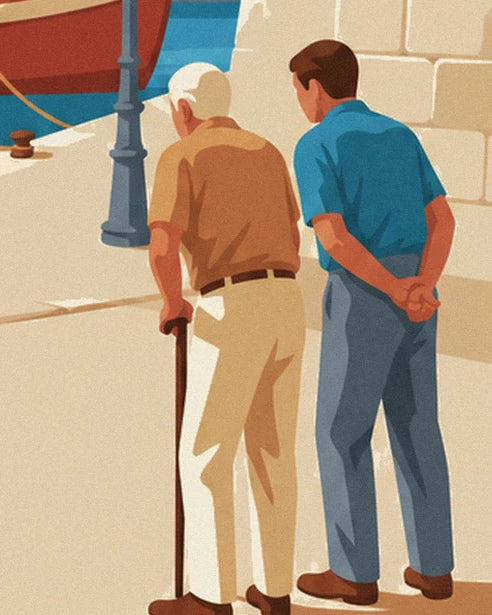 The 2 men seen from behind on the quay, one with a walking stick, the other in a blue shirt