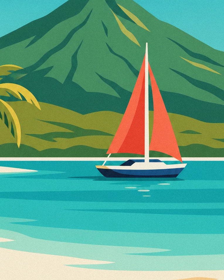 Poster Segelboot in einer Bucht auf Martinique und Montagne Pelée: Detail in Nahaufnahme