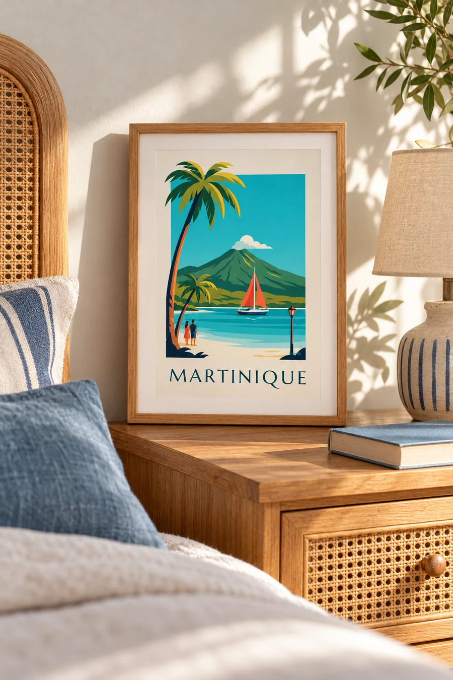 Poster Segelboot in einer Bucht Martiniques und Montagne Pelée: kleines Format A4 gerahmt