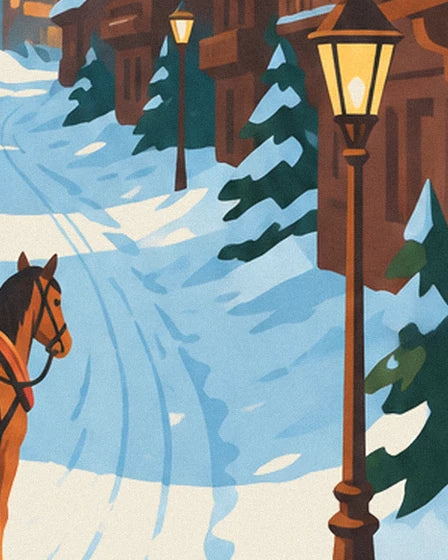 The glowing lamp post beside the street, with the horse's head and fir trees