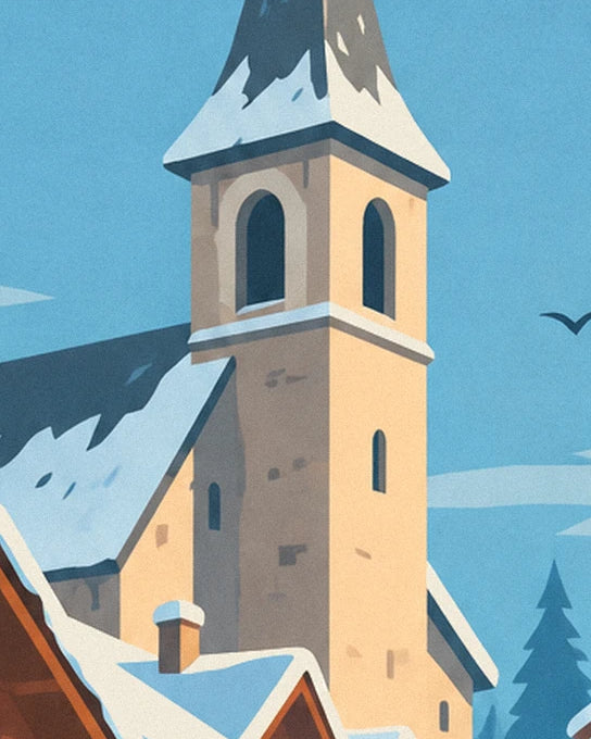 The ochre stone bell tower with its snowy roof, beneath a blue sky