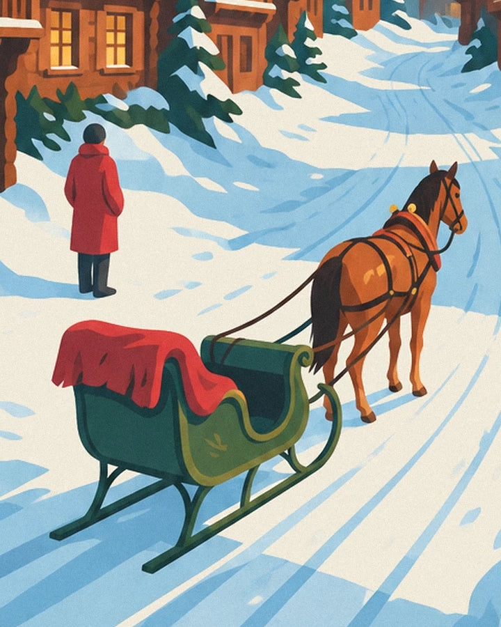 The green sleigh with a red blanket and its chestnut horse, on the snow