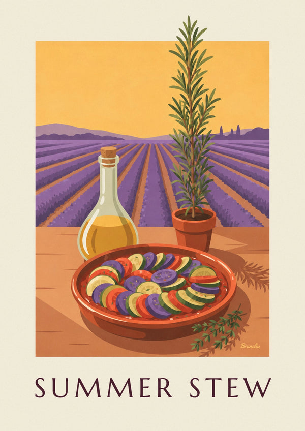 Affiche ratatouille dans un plat en terre cuite de Provence
