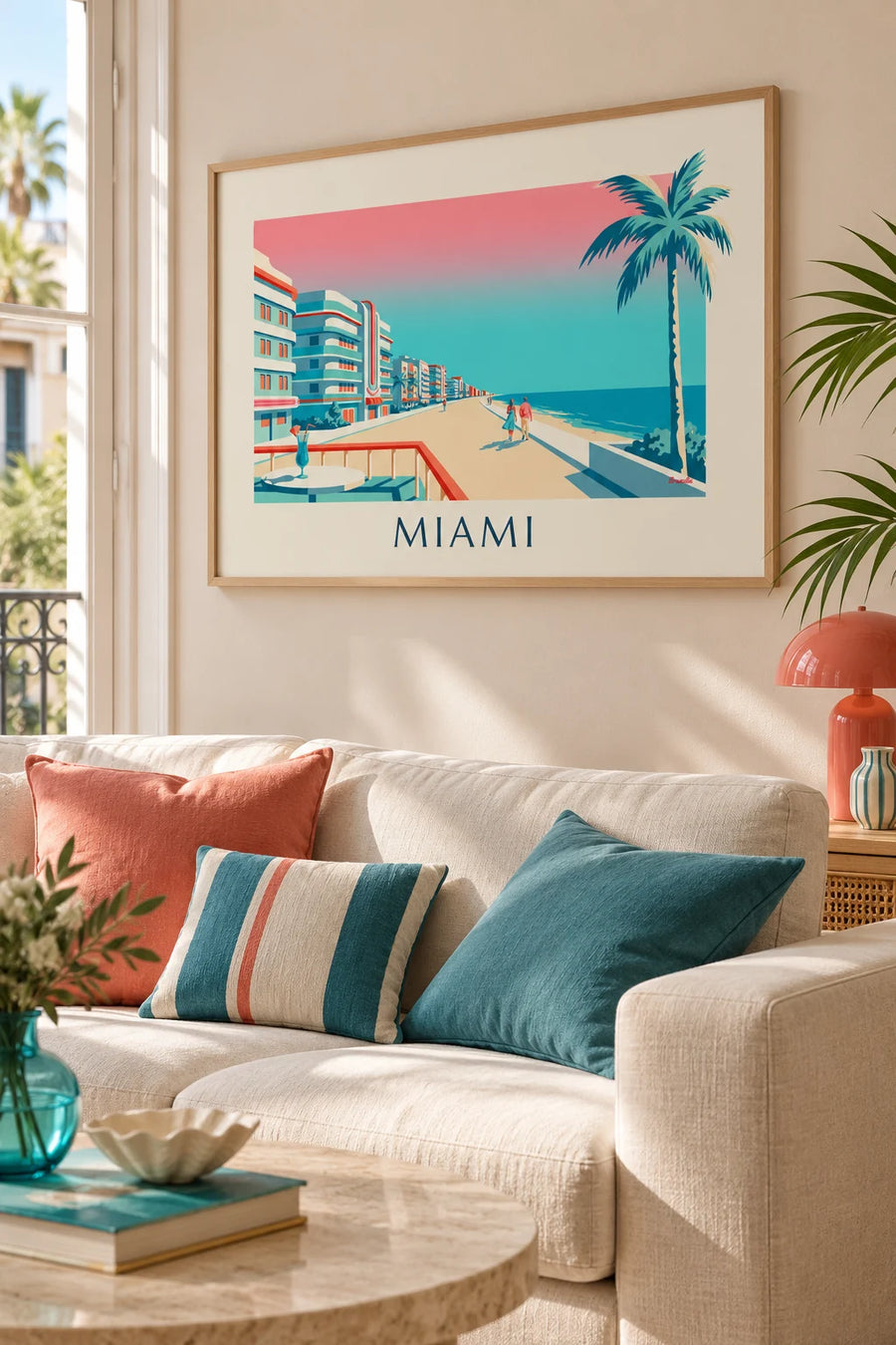 Affiche cocktail et palmiers sur Ocean Drive à Miami : encadrée au mur
