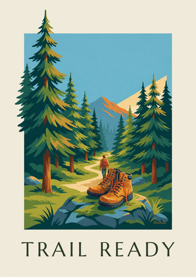 Poster of hiking boots on a mountain forest trail: the full poster