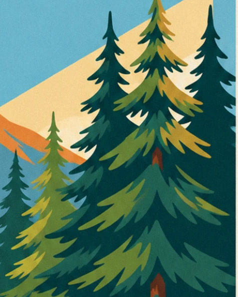 Dunkelgrüne und olivgrüne Tannen vor einem goldenen Bergkamm und blauem Himmel