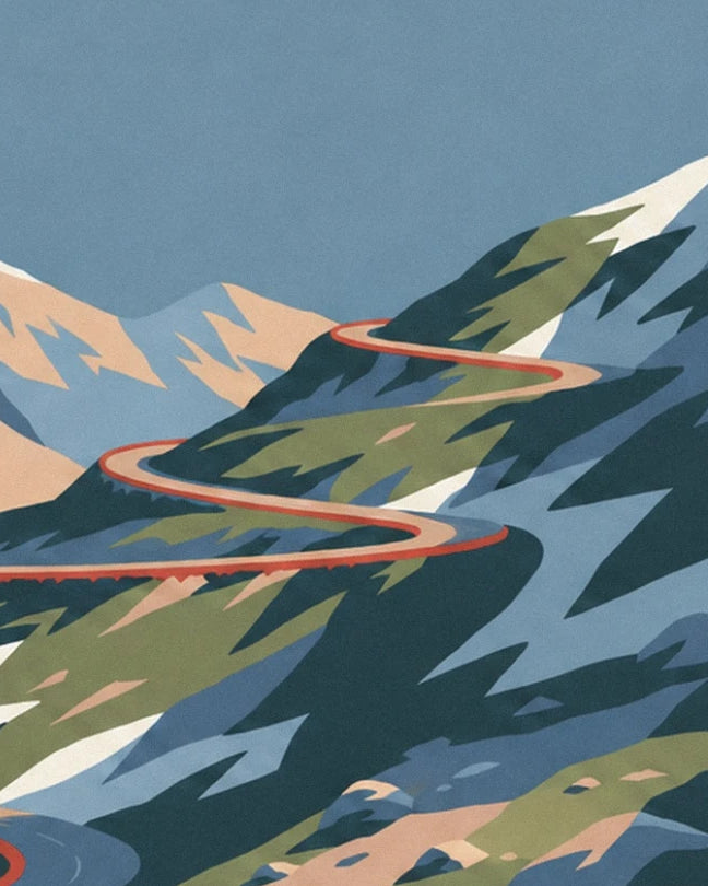 Les lacets de la route de l’Iseran entre les versants verts, bleus et enneigés