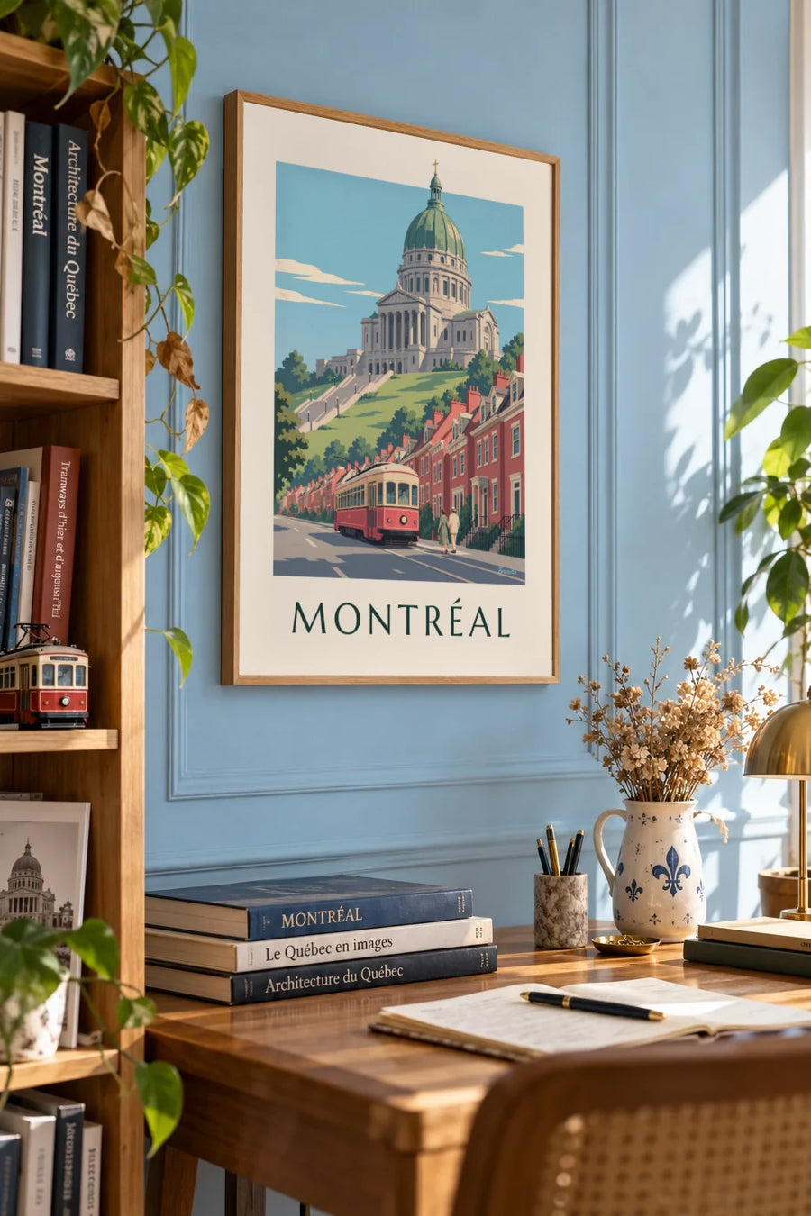 Affiche tramway rouge montant vers l'oratoire Saint-Joseph : encadrée au mur