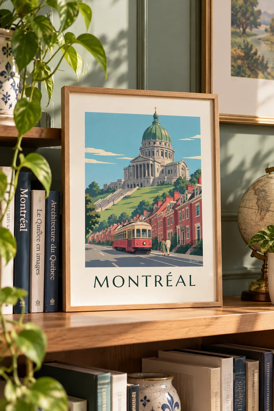 Affiche tramway rouge montant vers l'oratoire Saint-Joseph : petit format A4 encadré