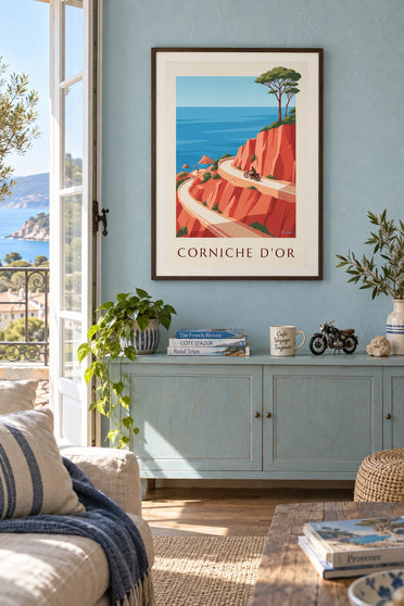 Motorcycle on the Corniche d’Or road in the Estérel poster: framed on the wall