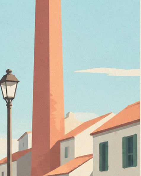La cheminée de la conserverie en brique rose, un lampadaire et les toits de tuiles du port sous un ciel clair