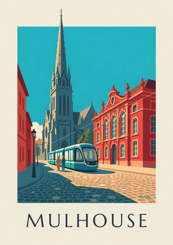 Poster Straßenbahn und Rathaus von Mülhausen, Place de la Réunion