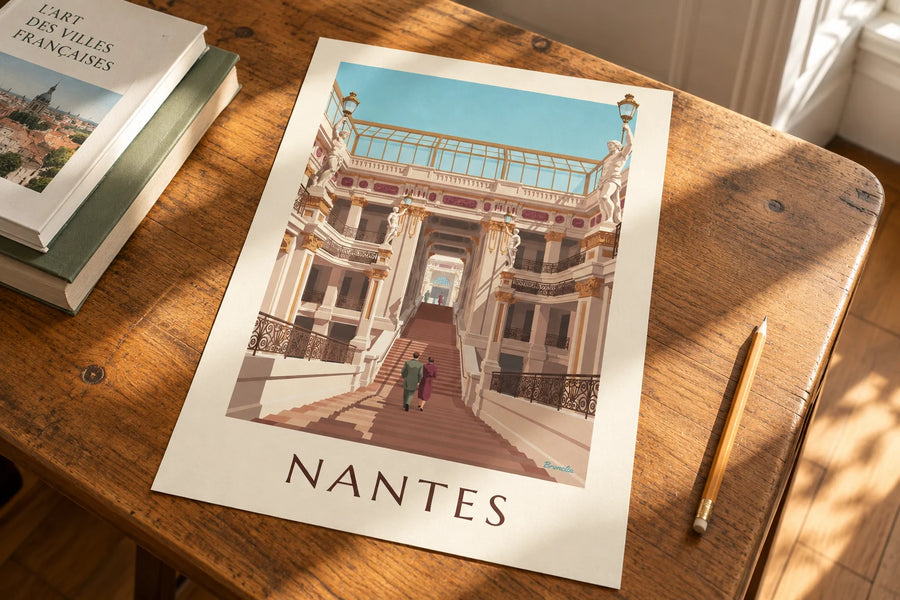 Poster mit Passage Pommeraye und ihren Galerien in Nantes: auf einem Tisch