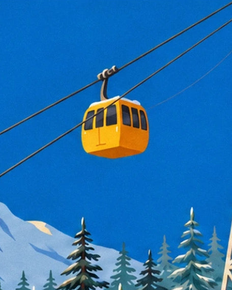 The yellow cable car suspended from cables above the snowy fir trees