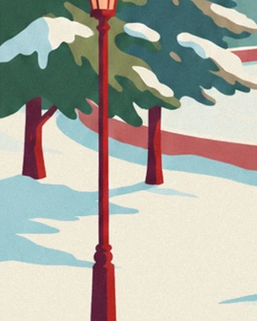 Le lampadaire rouge et les sapins enneigés aux longues ombres bleutées