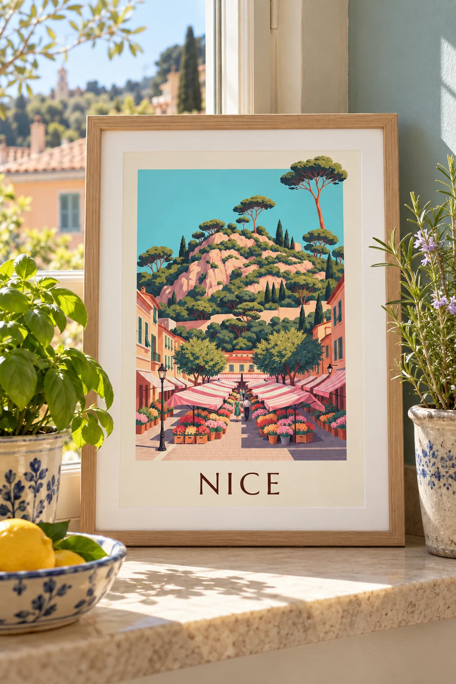 Affiche marché aux fleurs du cours Saleya à Nice : petit format A4 encadré