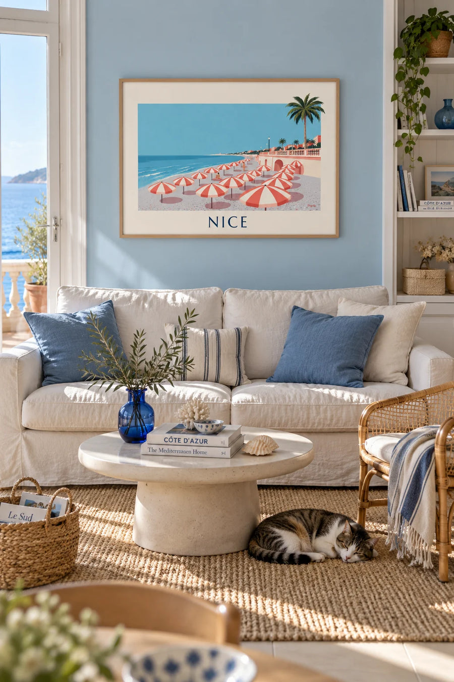 Poster of striped parasols on the beach in Nice, Baie des Anges: framed on the wall