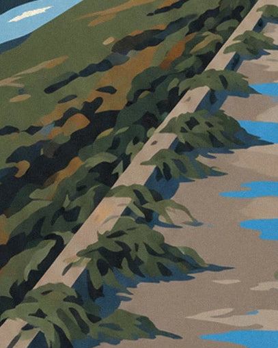 La chaussée de pierre bordée d'algues vertes, avec ses flaques bleues sur le sable