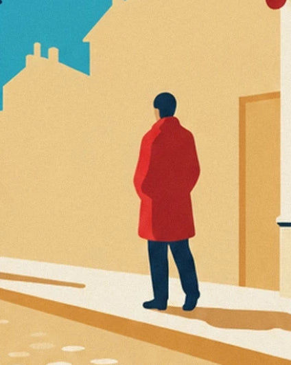 Eine Person von hinten gesehen, in rotem Mantel und blauer Hose, auf dem sonnigen Gehweg