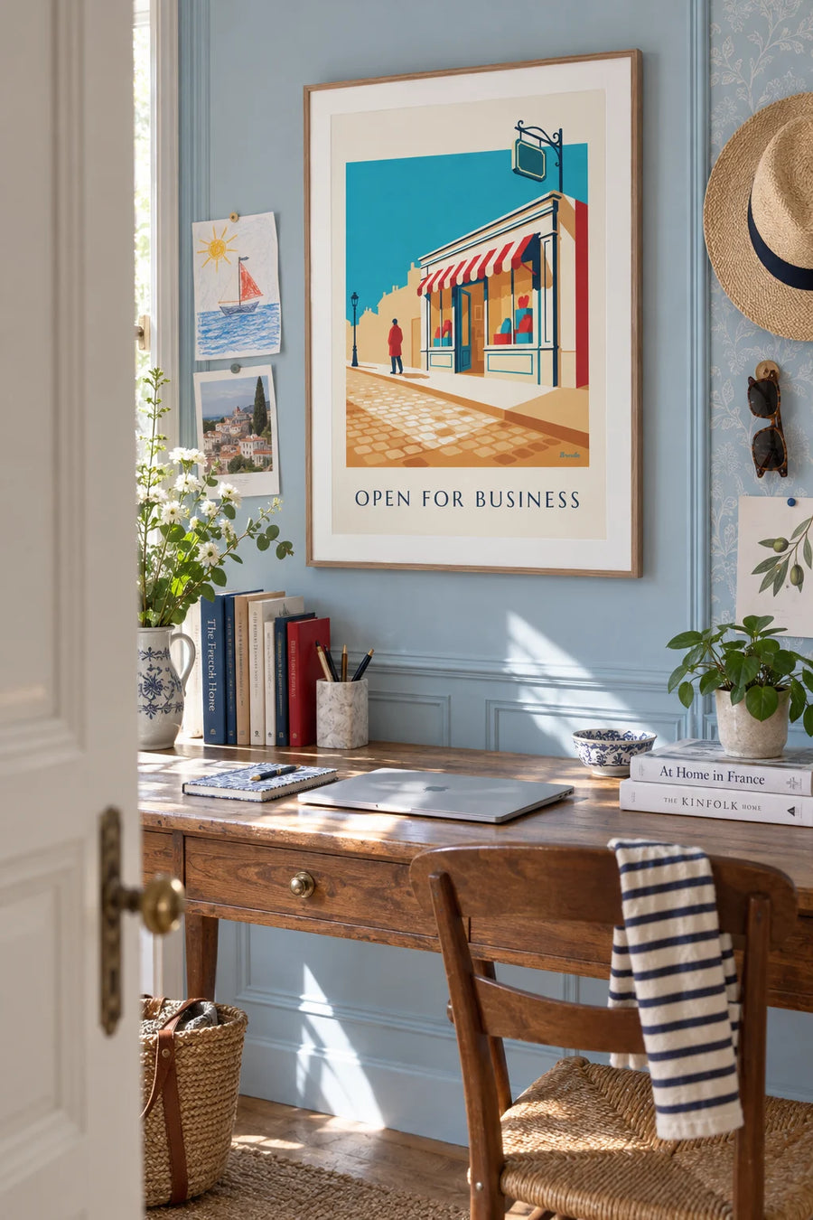 Poster Fassade eines Tante-Emma-Ladens mit „Open for business“: gerahmt an der Wand