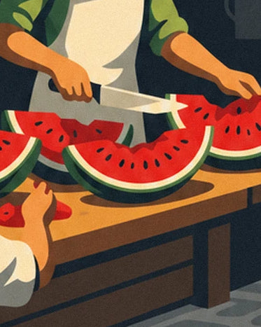 The seller’s hands and knife above the watermelon wedges on the stall