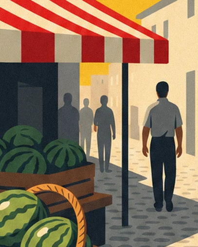Passers-by in the market aisle, near the watermelons and red and cream striped awning