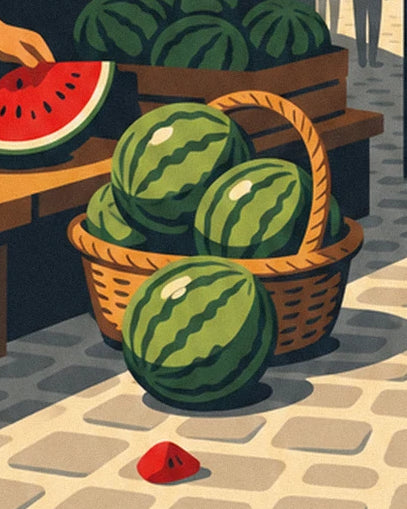 The woven basket filled with watermelons and the red piece on the market cobbles