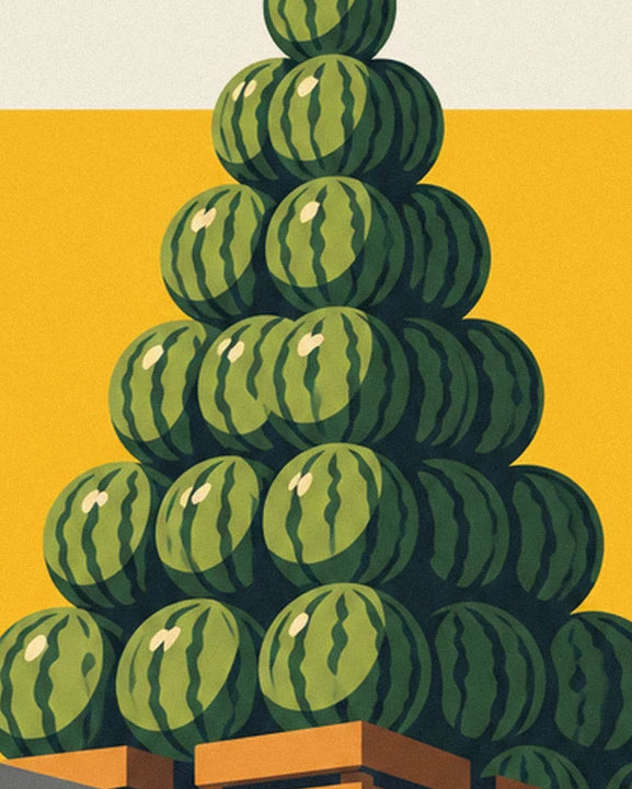 The pyramid of striped green watermelons against the yellow market background