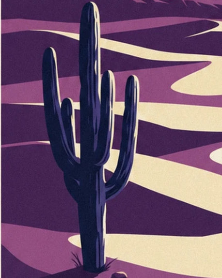 A tall dark cactus with raised arms among the purple and cream desert dunes