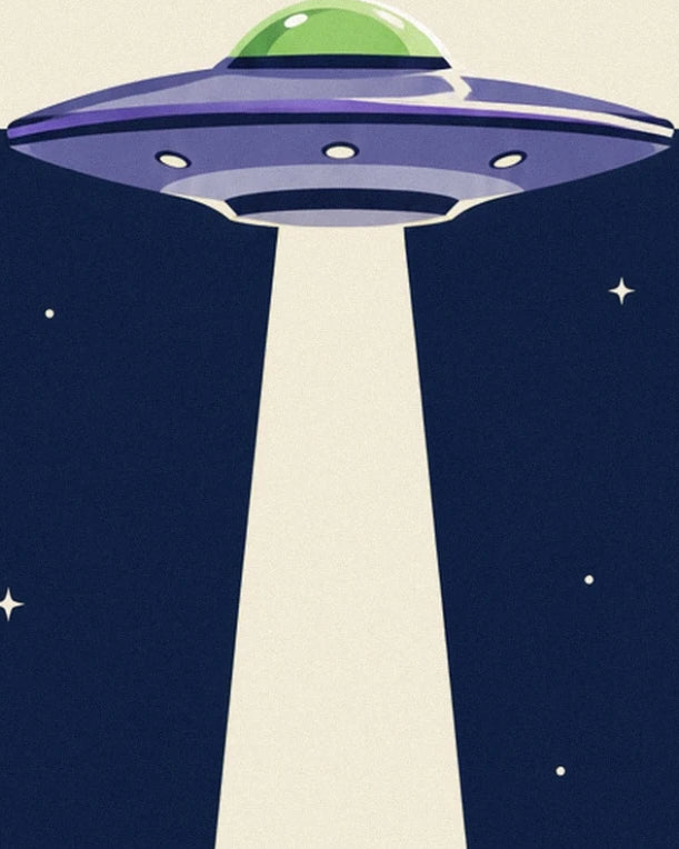 The purple flying saucer with its green dome and pale beam in the starry night