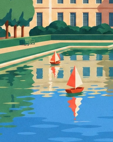 Die 2 rot-weißen Segelboote auf dem Teich vor der Fassade mit goldenen Spiegelungen