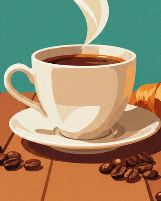 Une tasse de café fumant sur sa soucoupe crème, entourée de grains sur le bois