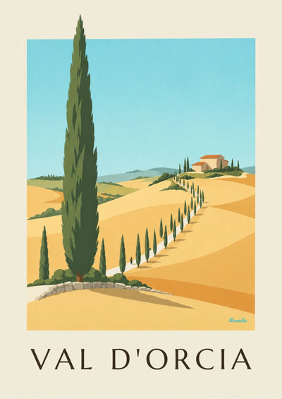 Affiche collines du val d'Orcia et cyprès en Toscane : l'affiche entière
