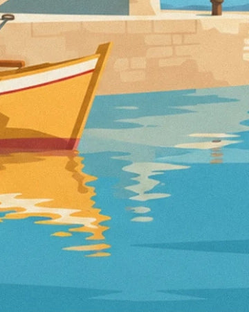 The yellow bow of a pinasse boat and its golden reflection in the turquoise harbour water