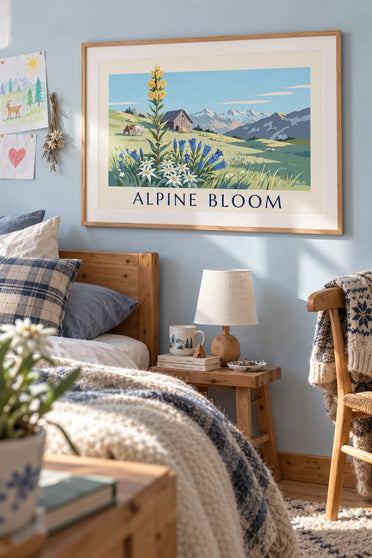 Poster Edelweiß und Enzian auf einer Alm am Fuß der Berge: gerahmt an der Wand