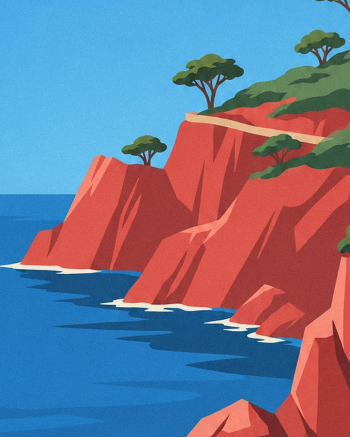 Les falaises rouges bordées d'écume, les pins et la mer bleue de l'Estérel