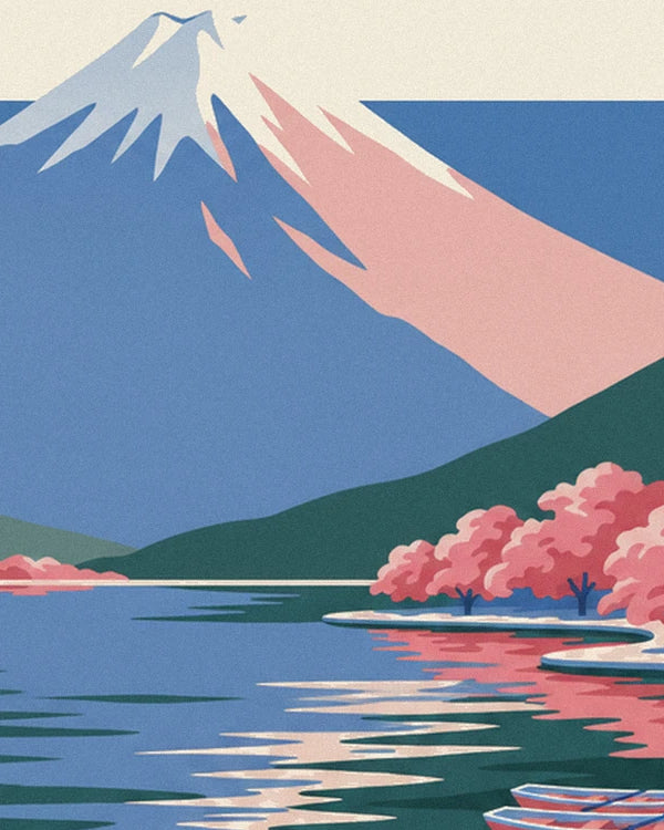 Der blau-rosa Fuji erhebt sich über dem See, am Ufer blühen Kirschbäume