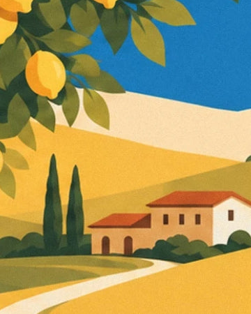 A house with red roofs between 2 cypresses, beneath branches laden with lemons