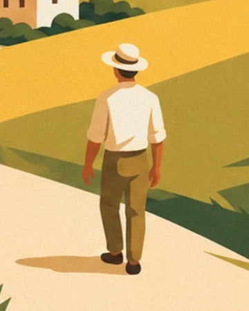 A man seen from behind in a pale hat and khaki trousers on a sunlit path