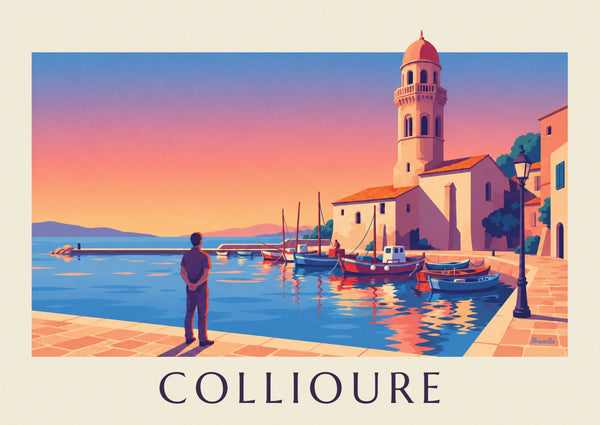 Poster Glockenturm von Collioure im Sonnenuntergang